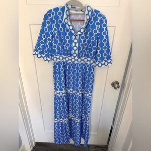 Blue Chain Print Midi Dress Collared Short Sleeve Tiered Dress Size S